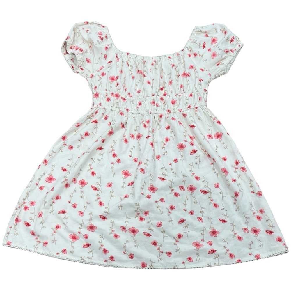 Sim & Sam Cream Mini Dress Chic Pink Floral Puff Sleeve Smocked fit and Flare - Picture 5 of 8